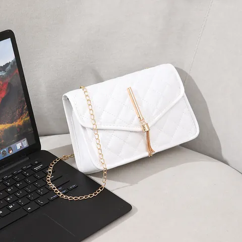 Women's Quilted Rhombic PU Leather Single Shoulder Bag With Tassel Decor And Golden Chain Strap Small Square Crossbody Bag