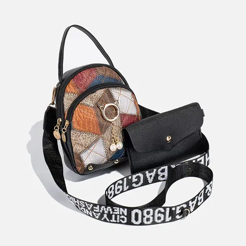 Women Retro Patchwork Quilted Crossbody Bag With Artificial Pearl Cat Charm And Wide Strap PU Leather Shoulder Bag And Pouch Set