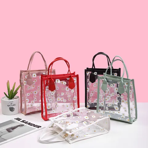 Women's Clear Daisy Print Handbag PVC Transparent Crossbody Bag With Gold Chain Strap Casual Stylish Tote Purse For Travel Daily Use