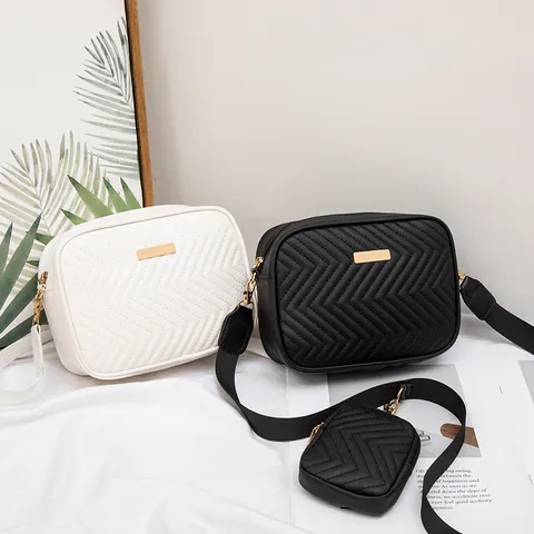 Women Quilted Chevron Crossbody Camera Bag And Coin Purse Set PU Leather Small Square Bag With Wide Strap Gold Hardware
