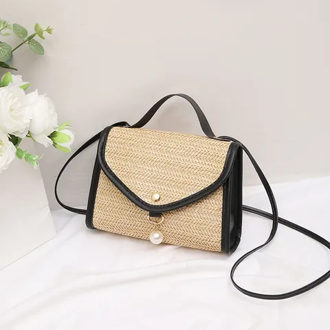 Women Vintage Straw Woven Crossbody Bag Artificial Pearl Pendant Contrast Color PU Leather Trim Small Square Handbag For Summer Vacation