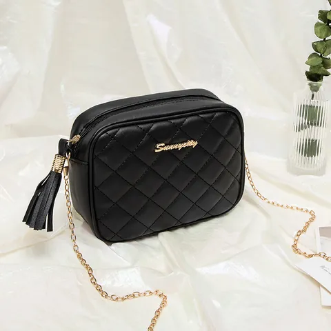 Bolso para Cámara de Cuero PU Acolchado para Mujer Correa de Cadena de Oro Borla Cremallera Bolso Bandolera Cuadrado Pequeño Moda Casual