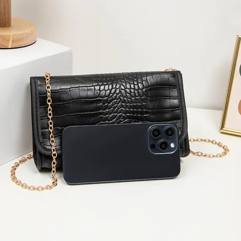 Women Fashion PU Leather Small Square Bag Gold Chain Quilted Crocodile Pattern Flap Crossbody Bag Shoulder Clutch Daily Fashion