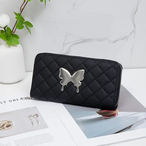 Women Long Zipper Wallet Quilted PU Leather Handbag With Liquid Metal Butterfly Ornament Fashion Clutch Card Holder Organizer