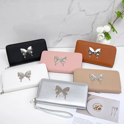 Fashion Women Butterfly Long Wallet Synthetic Leather Multi Card Slots Zip Around Clutch Purse With Wristlet Strap Money Organizer Mobile Phone Bag