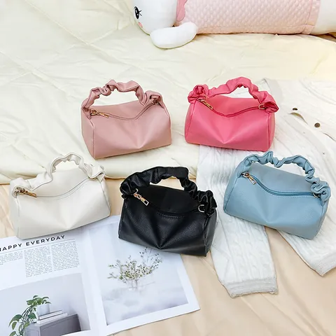 Women Litchi Pattern PU Leather Pillow Bag With Ruched Handle Gold Chain Small Crossbody Handbag Fresh Style Casual Shoulder Bag