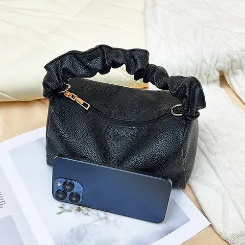 Women Litchi Pattern PU Leather Pillow Bag With Ruched Handle Gold Chain Small Crossbody Handbag Fresh Style Casual Shoulder Bag