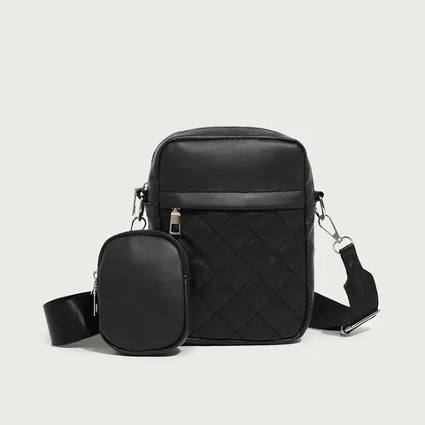 Damen Mode Gesteppte PU Leder Umhängetasche 2-in-1 Set Kleine Vertikale Quadratische Handytasche Mit Mini Rundem Geldbeutel