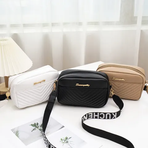 Bolso de Cámara para Mujer de Cuero PU Acolchado en V Con Correa Ancha de Jacquard con Letras Logotipo de Metal Dorado