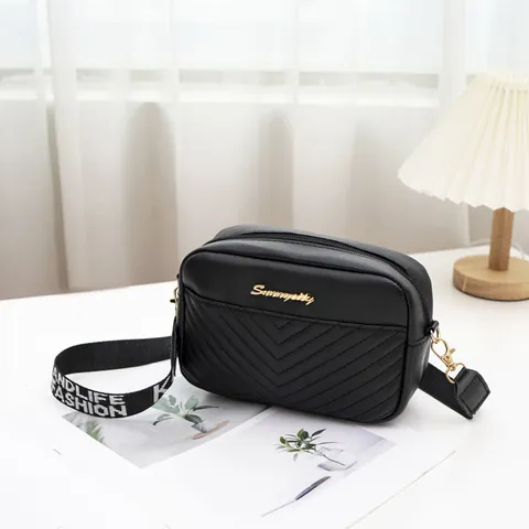 Bolso de Cámara para Mujer de Cuero PU Acolchado en V Con Correa Ancha de Jacquard con Letras Logotipo de Metal Dorado