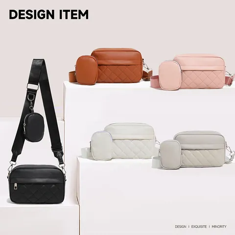 Women Fashion Rhombus Quilted Crossbody Bag And Mini Coin Purse Wide Strap PU Leather Camera Bag Small Square Bag