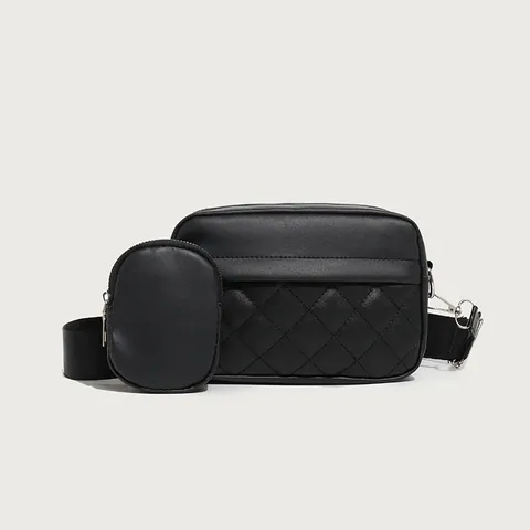 Women Fashion Rhombus Quilted Crossbody Bag And Mini Coin Purse Wide Strap PU Leather Camera Bag Small Square Bag