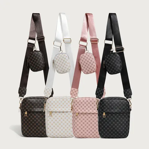Retro Crossbody Bag And Round Pouch PU Leather Vintage Pattern Wide Strap Removable Purse Zipper Closure Fashion
