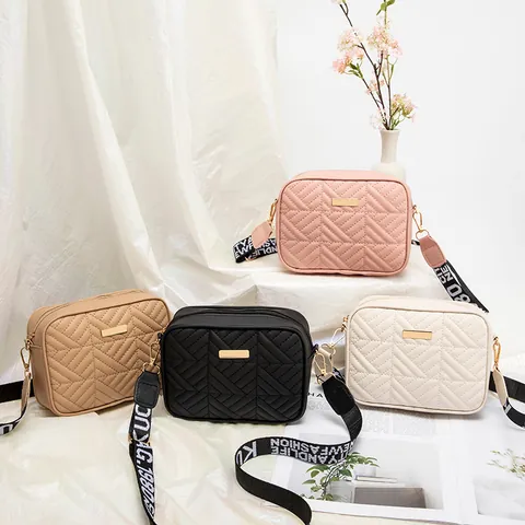 Women Fashion Quilted Camera Bag Wide Letter Strap PU Leather Shoulder Crossbody Bag With Metal Plate Small Square Bag
