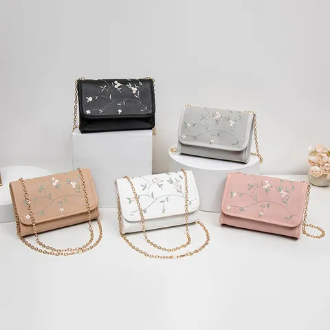 Floral Embroidery Small Square Bag PU Leather Sweet Fresh Elegant Women Shoulder Crossbody Bag With Metal Chain