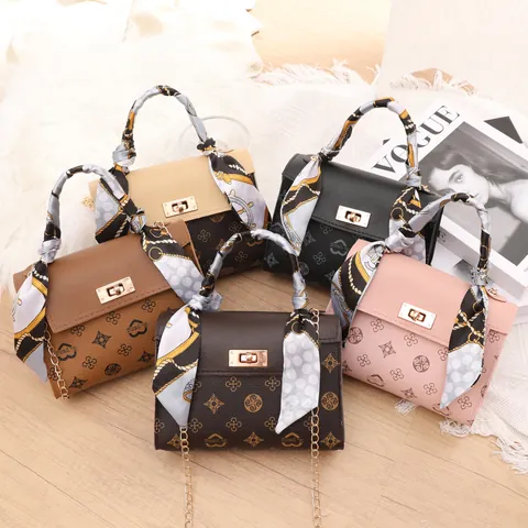 Vintage Monogram PU Leather Top Handle Bag For Women With Satin Scarf Decoration Metal Lock Gold Chain Strap Crossbody Satchel