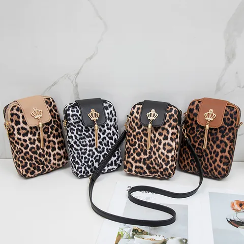 Women's Leopard Print PU Leather Cell Phone Crossbody Bag Mini Vertical Square Bag With Metal Crown And Tassel Decor Small Messenger Bag
