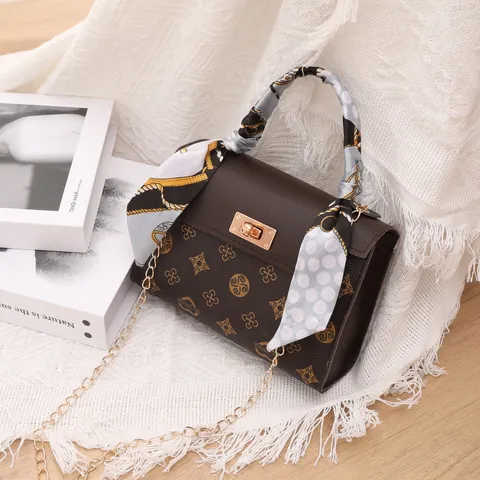 Vintage Monogram PU Leather Top Handle Bag For Women With Satin Scarf Decoration Metal Lock Gold Chain Strap Crossbody Satchel