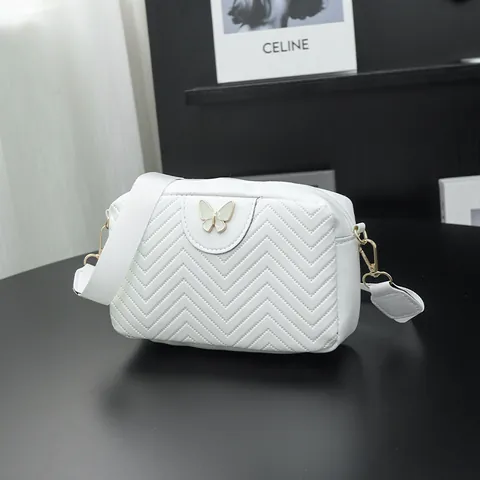 Bolso Bandolera de Mujer de Cuero PU con Hebilla de Mariposa Dorada Bolso de Hombro Acolchado Chevron Bolso Casual para Teléfono con Correa Ancha