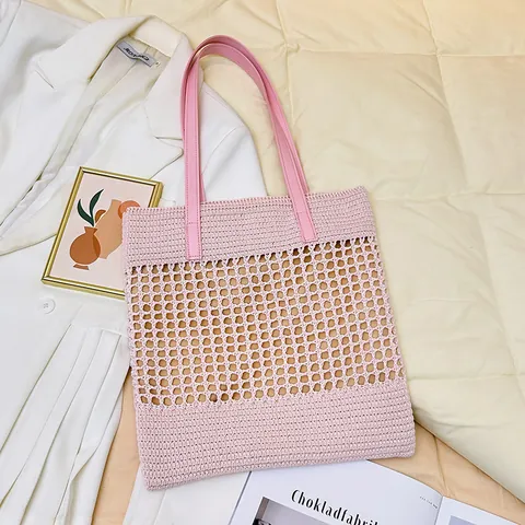 Damen Sommer Strohgeflecht Tote Bag Hohlnetz Schulterhandtasche Große Kapazität Strandurlaubstasche Mit PU-Lederriemen