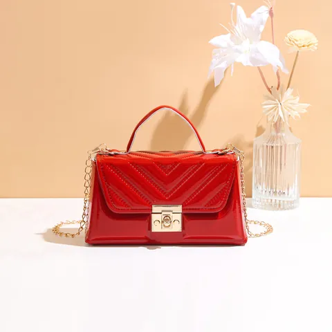Damen V-Gesteppt Glänzende PU-Leder Umhängetasche Mit Goldener Kette Schultergurt Und Elegantem Schloss Kleiner Handtasche