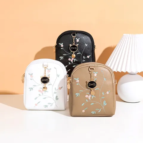 Women Elegant Floral Embroidery PU Leather Crossbody Bag Mini Square Shoulder Phone Bag With Chain Strap And Cat Charm
