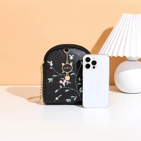 Women Elegant Floral Embroidery PU Leather Crossbody Bag Mini Square Shoulder Phone Bag With Chain Strap And Cat Charm