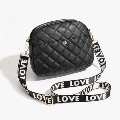 Women's Quilted Rhombic Crossbody Bag With Wide LOVE Letter Strap Fashion PU Leather Camera Bag Small Square Shoulder Bag