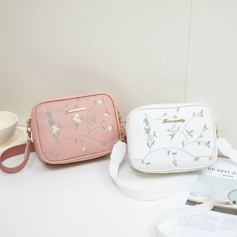 Women's Floral Embroidery PU Leather Camera Crossbody Bag Elegant Square Shoulder Bag With Wide Woven Strap Casual Small Bag