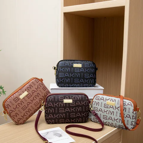 Vintage Donna Stampa Lettere PU Borsa a Tracolla Multistrato Piccola Borsa Quadrata alla Moda Grande Capacità Borsa Cellulare
