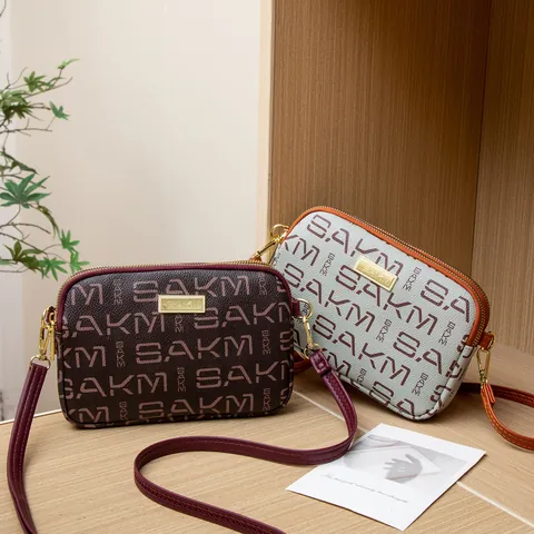 Vintage Donna Stampa Lettere PU Borsa a Tracolla Multistrato Piccola Borsa Quadrata alla Moda Grande Capacità Borsa Cellulare