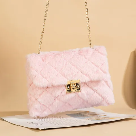 Women Faux Fur Plush Quilted Crossbody Bag Luxury Gold Metal Chain Square Lock Shoulder Bag Autumn Winter Small Handbag