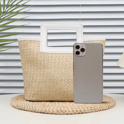 Gewebte Strohhandtasche Damen Minimalistisch Kontrastfarbe Kleine Totebag Mit Rechteckigem Griff Sommer Strand Accessoire