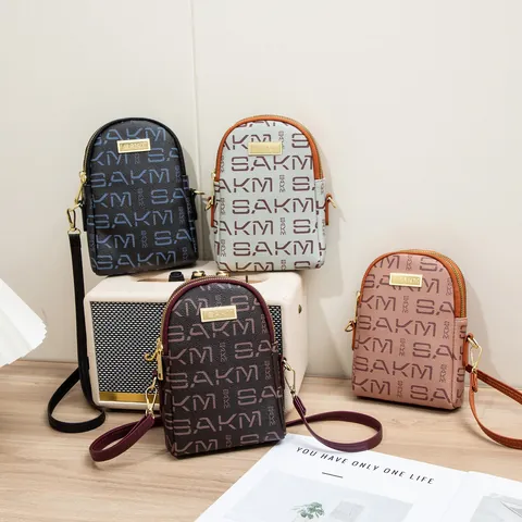 Fashion Monogram Letter Print PU Leather Mini Crossbody Bag Small Cell Phone Bag With Double Zipper Metal Logo For Women