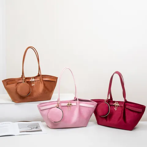 Vintage Women Suede Fabric Tote Bag Large Capacity Shoulder Bag And Circular Coin Purse Magnetic Buckle Fashion Handbag
