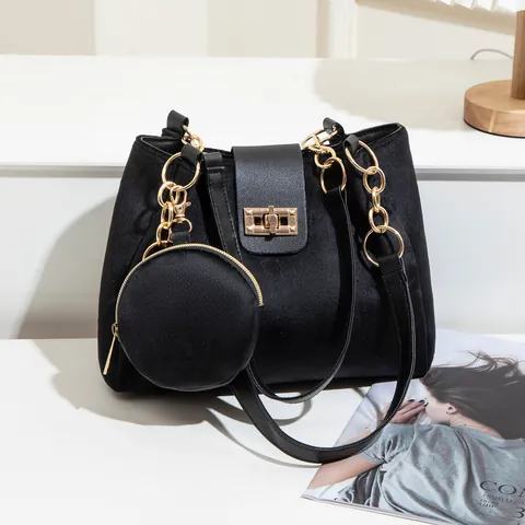 Women Vintage Suede Buckle Tote Bag With Matching Circle Coin Purse Solid Color Chain Shoulder Bag Handbag Set