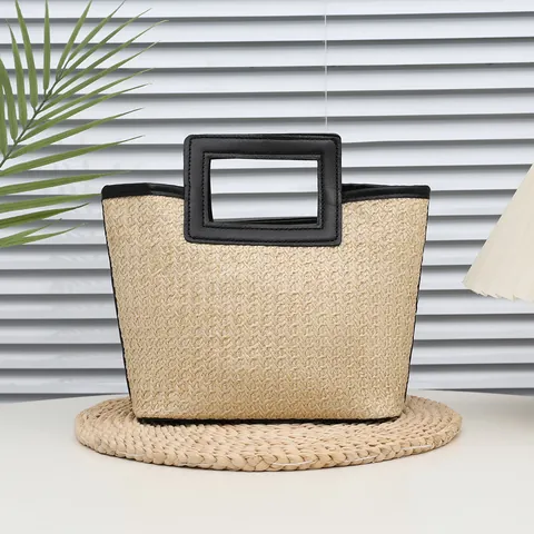 Bolso de Mano Tejido a la Moda para Mujer Bolso Tote de Cuero PU con Aspecto de Paja y Asa Hueca Bolso de Bandolera para Vacaciones Diarias Bolso de Mano de Verano Casual