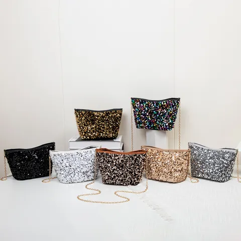 Women Shiny Sequin Bucket Bag Fashion Street Style Trend Shoulder Crossbody Bag With Metal Chain Strap Daily Party Purse