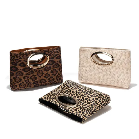 Pochette da Donna alla Moda con Stampa Leopardata Manico in Metallo Dorato Borsa da Sera Vintage in Pelle PU Intrecciata
