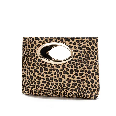 Pochette da Donna alla Moda con Stampa Leopardata Manico in Metallo Dorato Borsa da Sera Vintage in Pelle PU Intrecciata