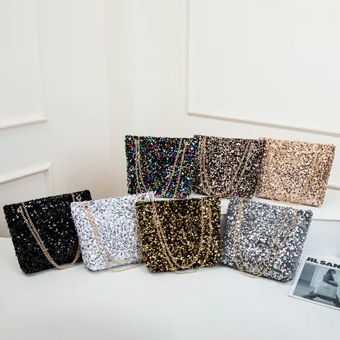 Fashion Shiny Sequin Shoulder Bag For Women Metallic Chain Strap Tote Bag Personality Evening Party Shopping Bag Glam Handbag