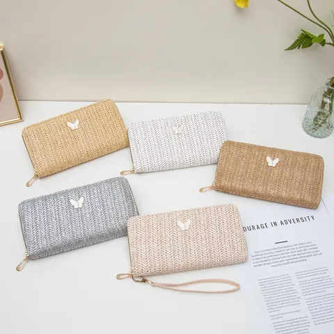Cartera Larga de Paja Tejida para Mujer Adorno de Mariposa Bolso de Mano con Cremallera y Pulsera Portatarjetas Funda para Teléfono Accesorio de Moda
