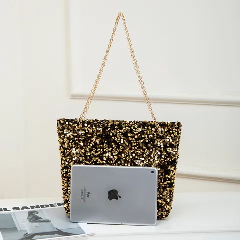 Fashion Shiny Sequin Shoulder Bag For Women Metallic Chain Strap Tote Bag Personality Evening Party Shopping Bag Glam Handbag