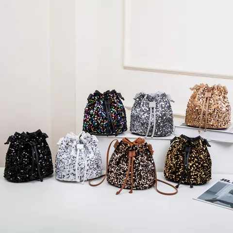 Women Fashion Sequin Bucket Bag Glitter Drawstring Shoulder Bag Party Mini Crossbody Bag Small Handbag For Lady