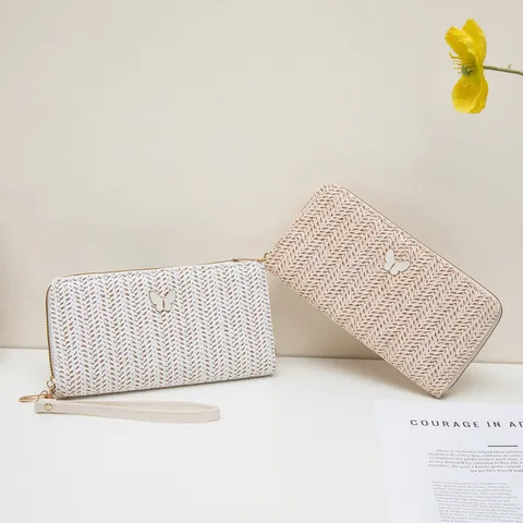 Cartera Larga de Paja Tejida para Mujer Adorno de Mariposa Bolso de Mano con Cremallera y Pulsera Portatarjetas Funda para Teléfono Accesorio de Moda