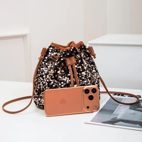Women Fashion Sequin Bucket Bag Glitter Drawstring Shoulder Bag Party Mini Crossbody Bag Small Handbag For Lady
