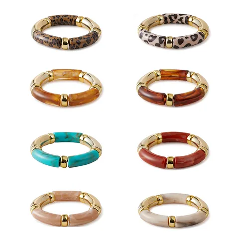 Bohemian Retro Bamboo Style Acrylic Resin Elastic Bracelet For Women Gold Metal Marble Leopard Print Tube Bead Bracelet