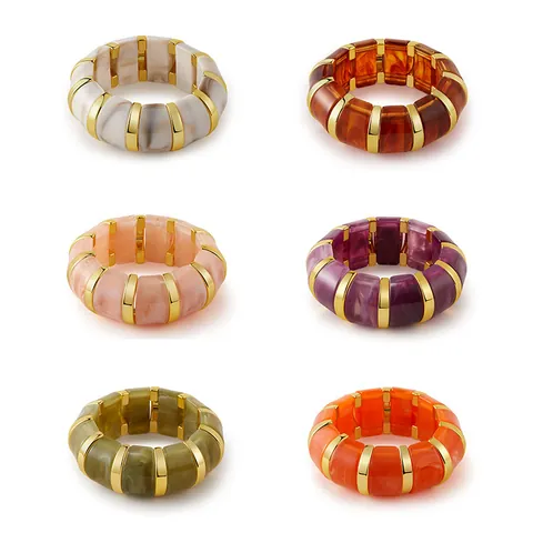 Bohemian Acrylic Marble Pattern Chunky Bangle Bracelet Women Vintage Resin Gold Alloy Segment Elastic Cuff Bracelet Jewelry