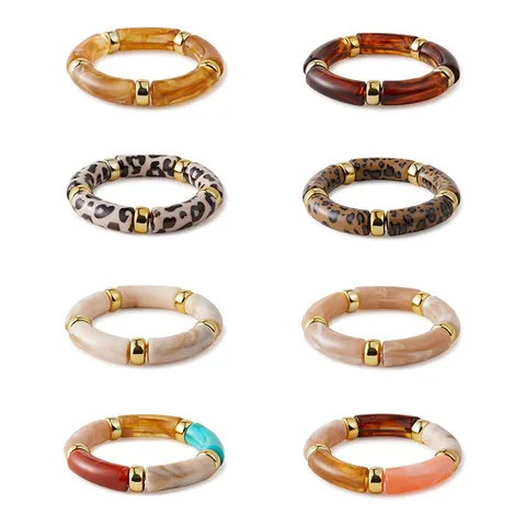 Bohemian Resin Bamboo Tube Elastic Bracelet For Women Vintage Leopard Marble Pattern Bangle With Gold Metal Spacer Fashion Jewelry Gift