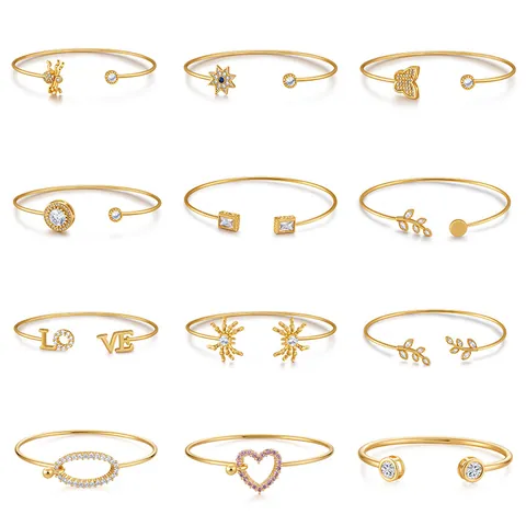 Cuff Bracelet Brass 18K Gold Plated Zirconia Inlaid Nature Leaf Heart Butterfly Adjustable Open Bangle Jewelry For Women Gift